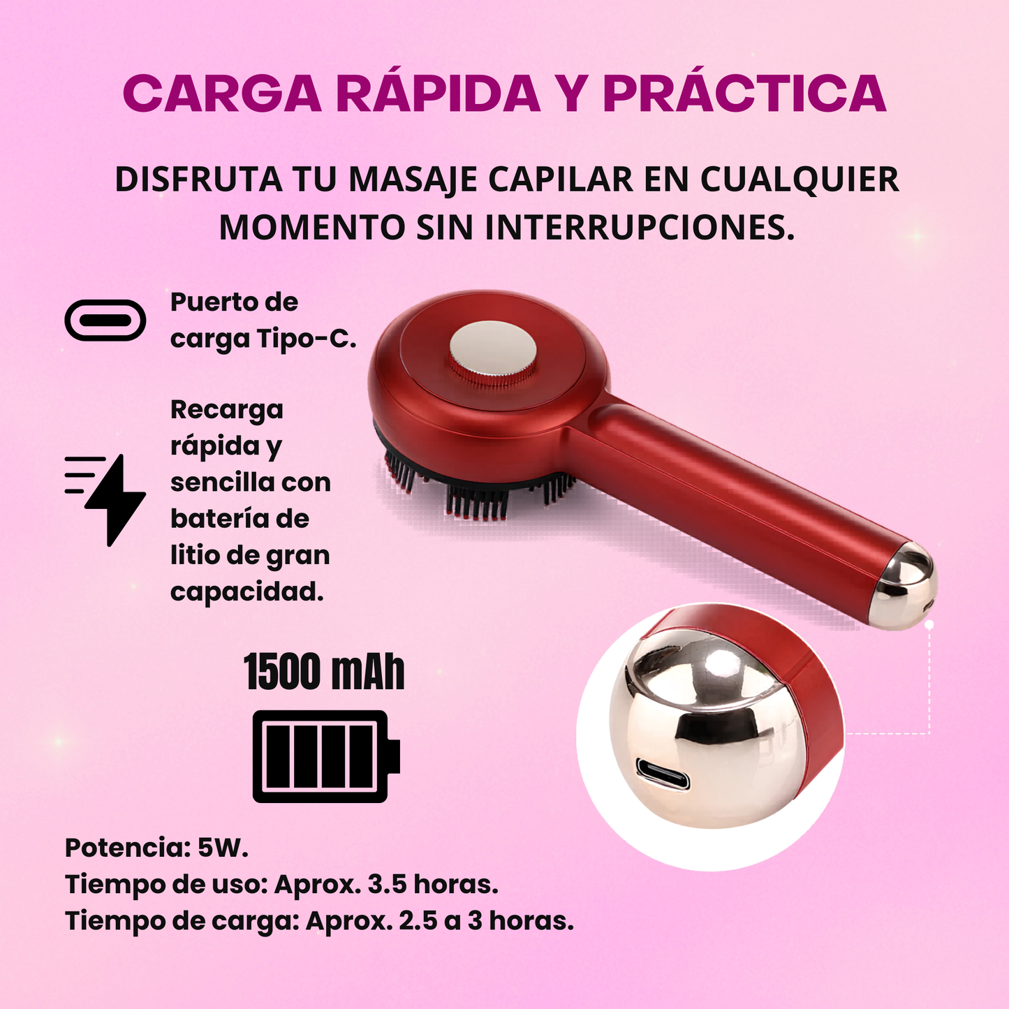 Cepillo Eléctrico de Masaje Capilar con Tecnología LED por Microcorriente