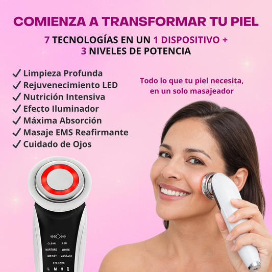 Masajeador Facial 7 en 1 con Tecnología LED por Microcorriente